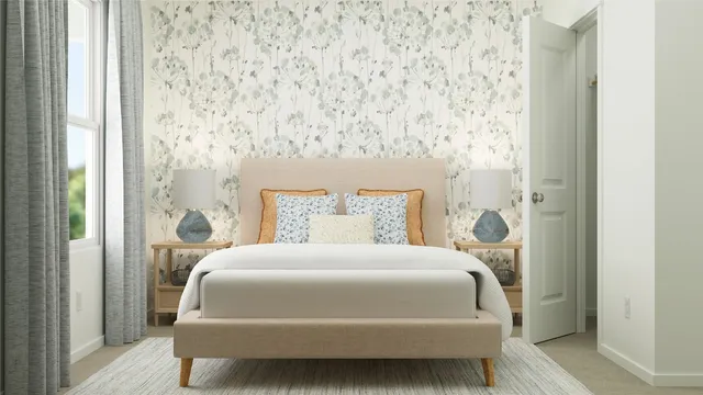 a bedroom with a bed and a mirror