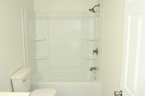 a bathroom with a shower and a toilet