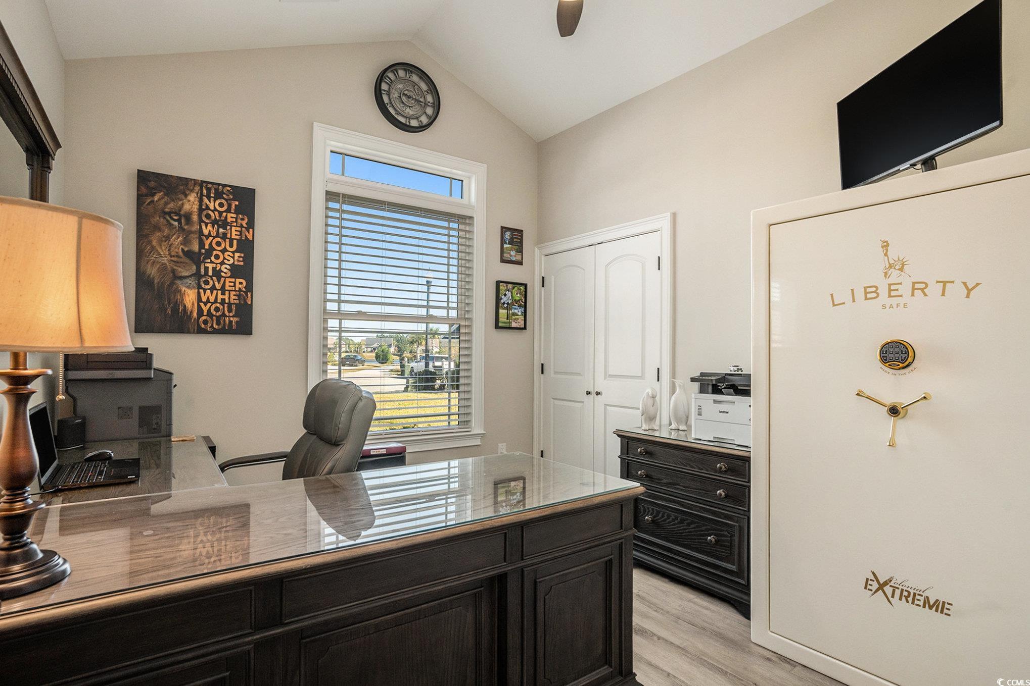 1009 Dowitcher Drive Conway, SC 29526 - Photo 25 of 40 Office area featuring light wood-style flooring, lofted ceiling, and ceiling fan