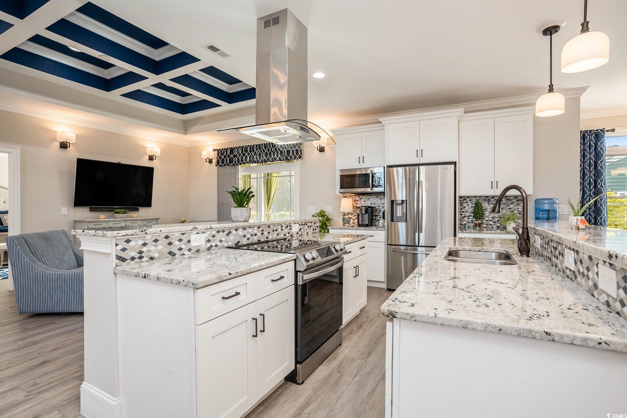 1009 Dowitcher Drive Conway, SC 29526 - Photo 6 of 40 Kitchen with ornamental molding, white cabinets, light stone counters, stainless steel appliances, and island range hood