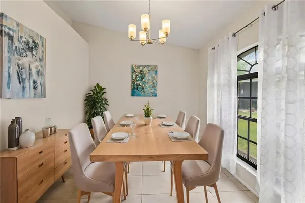 a view of a dining room with furniture window and outside view