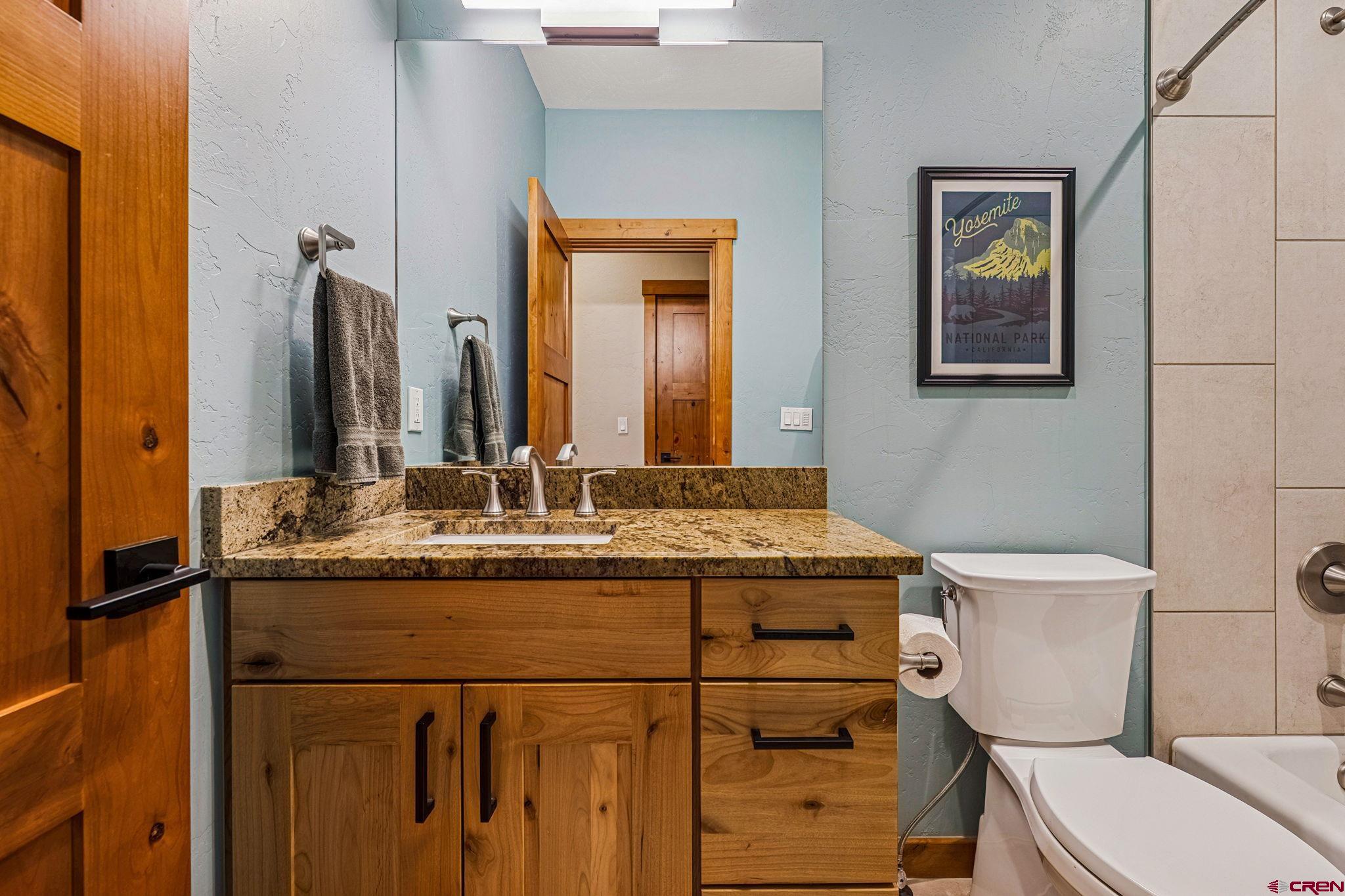 1022 Twin Buttes Avenue Durango, CO 81301 - Photo 22 of 45 a bathroom with a granite countertop toilet sink and mirror