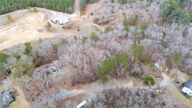 a view of a yard with plants and trees