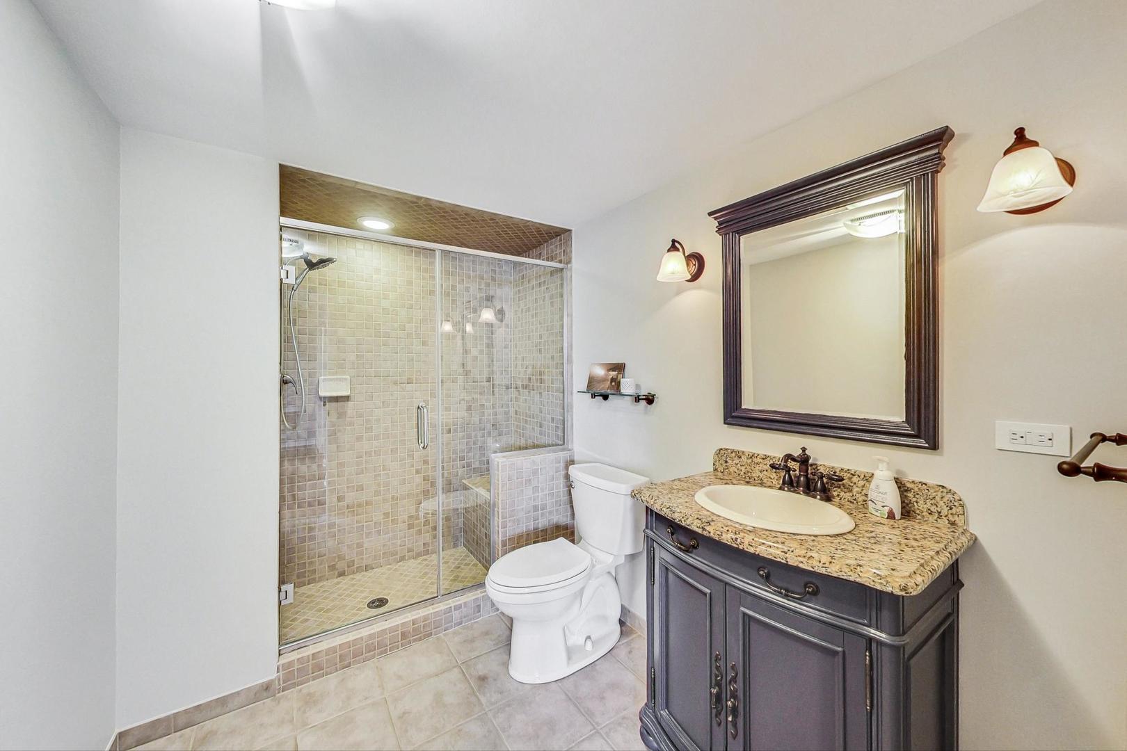 837 Foster Avenue Bartlett, IL 60103 - Photo 30 of 46 a bathroom with a granite countertop sink a toilet and shower