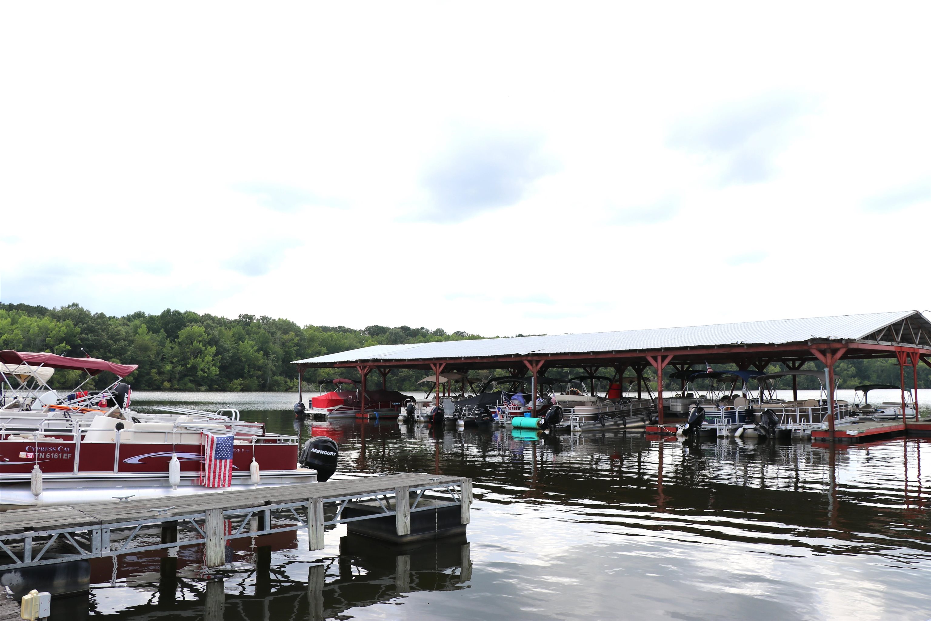 160 Patrick Drive Springville, TN 38256 - Photo 26 of 34 Marina featuring a covered boat dock with multiple slips, a floating walkway, and a wooded shoreline backdrop