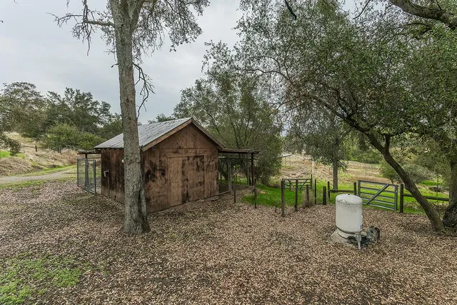 an aerial view of residential houses with outdoor space and trees