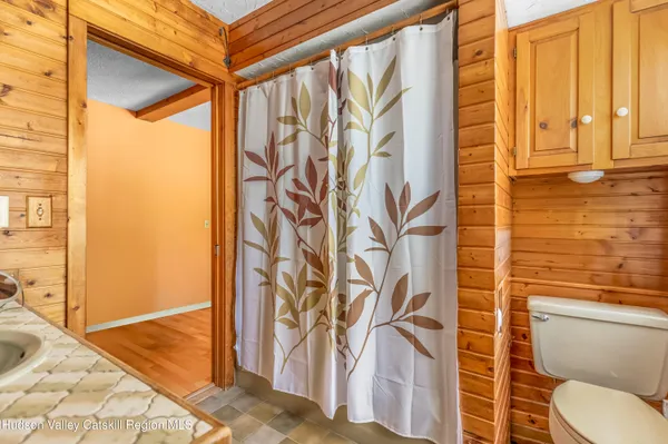 a bathroom with a shower curtain and a window