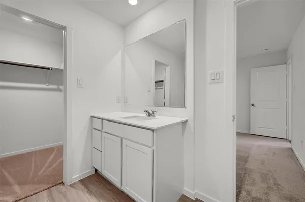 a bathroom with a sink a mirror and a vanity