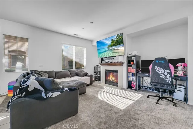 a living room with furniture a fireplace and a flat screen tv