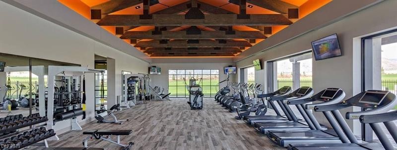 9950 Coyote Echo Court Las Vegas, NV 89166 - Photo 68 of 71 Exercise room featuring beam ceiling and high vaulted ceiling