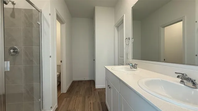 a bathroom with a sink a mirror and a shower