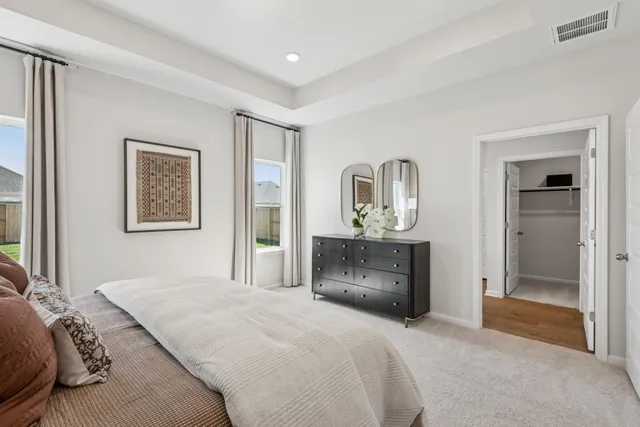 a bedroom with a bed and dresser