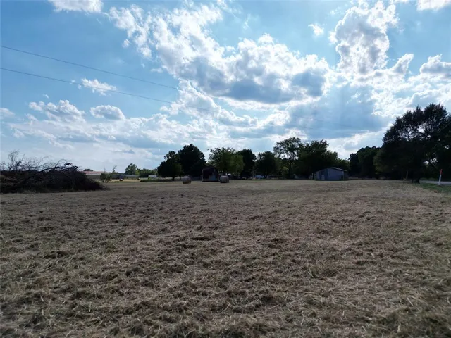 a view of a dry yard with wooden fence