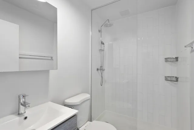 a bathroom with a sink toilet and shower