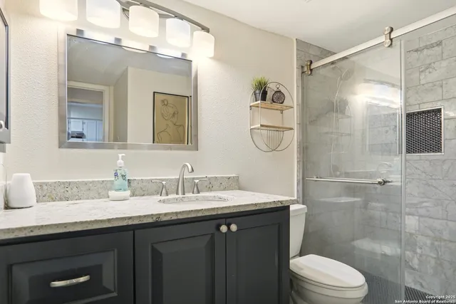 a bathroom with a granite countertop shower sink vanity mirror and toilet