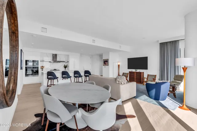 a view of a dining room with furniture