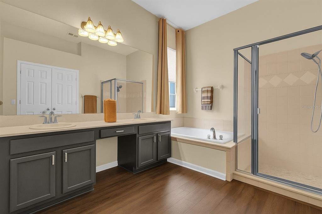 604 Nadina Place Celebration, FL 34747 - Photo 17 of 32 a spacious bathroom with a bathtub shower sink double and mirror