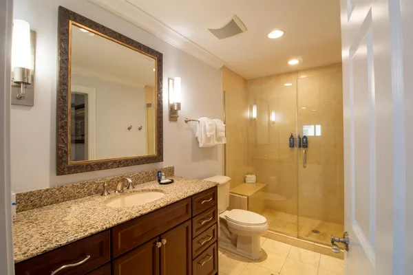 a bathroom with a granite countertop sink toilet and shower