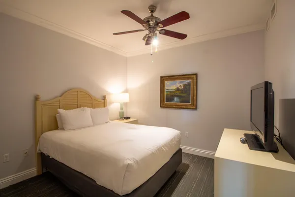 a bedroom with a bed and a flat screen tv