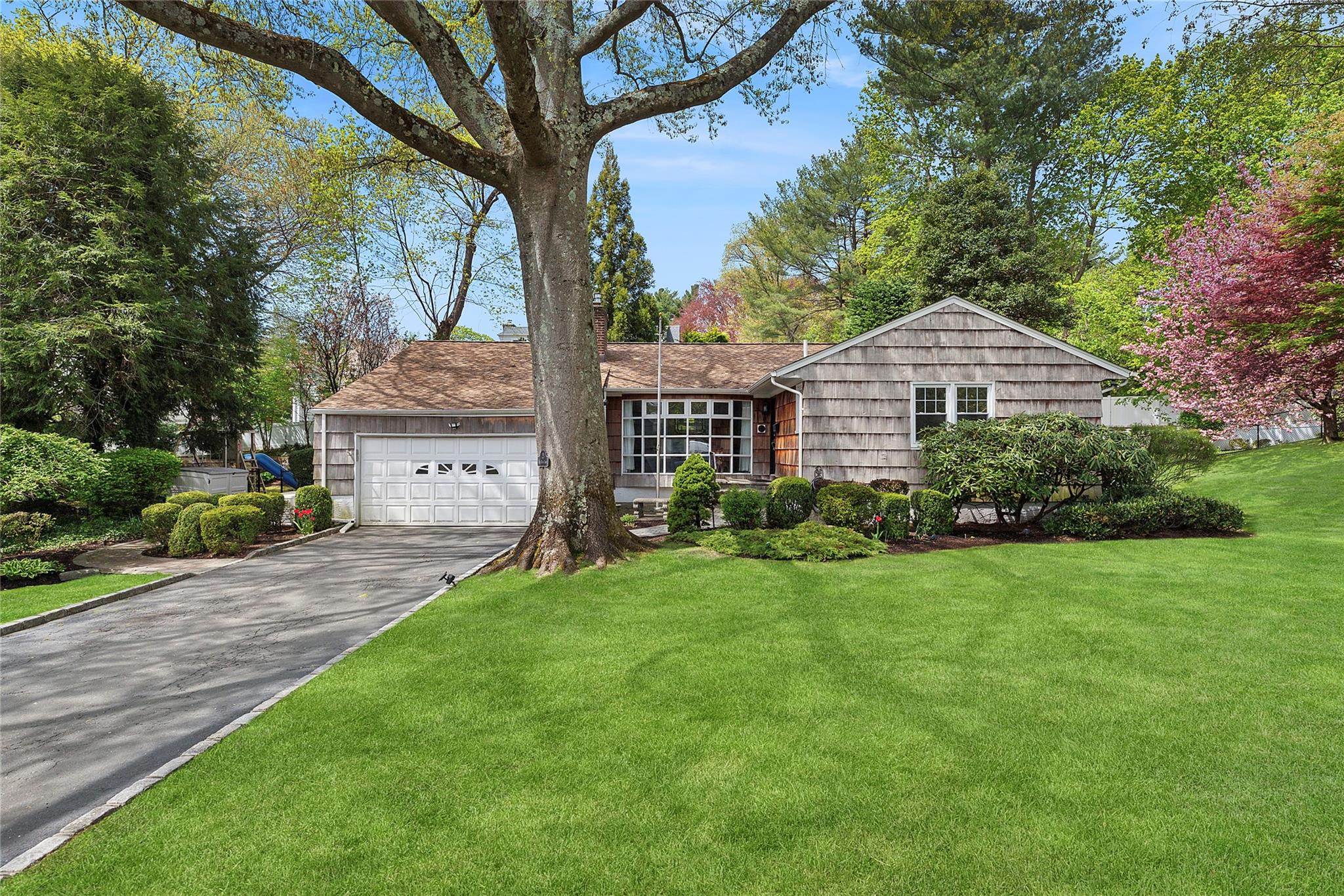 Ranch-style house featuring a front yard, driveway, and an attached garage