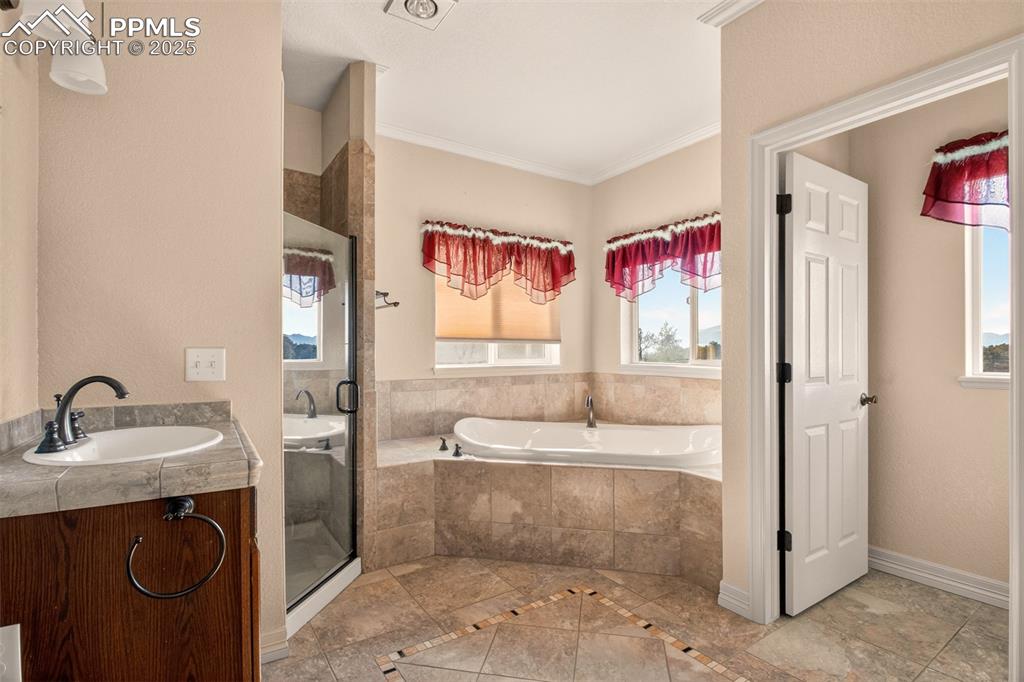 13950 Herring Road Colorado Springs, CO 80908 - Photo 21 of 50 a spacious bathroom with a granite countertop sink a bathtub and a shower