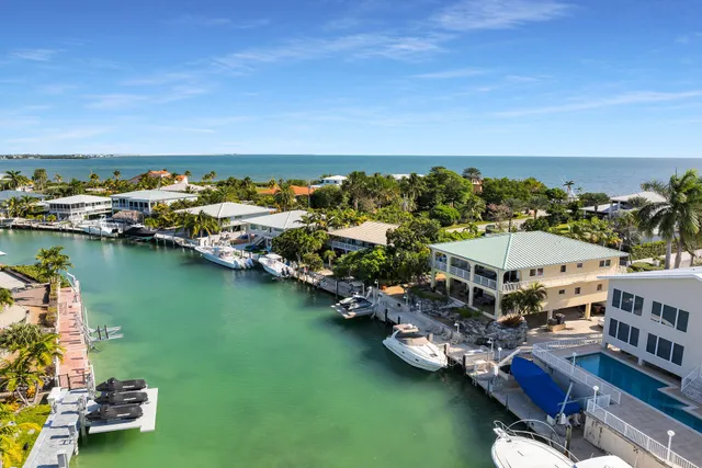 an aerial view of residential houses with outdoor space and lake view