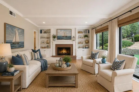 a view of an empty room with a fireplace and a window