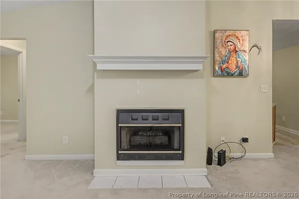 a living room with a fireplace and a shower