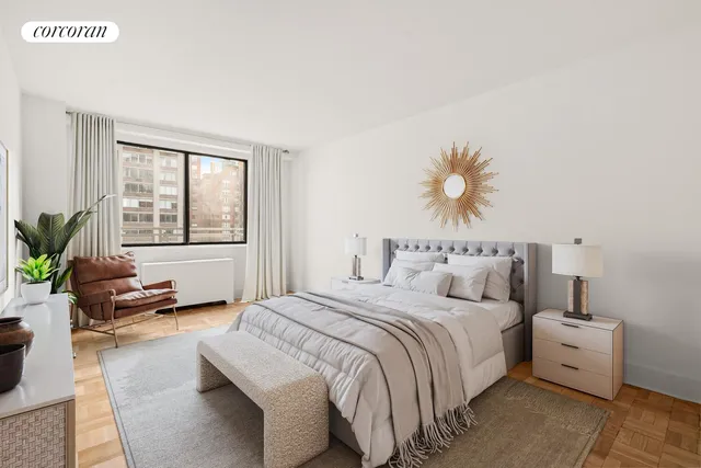 a bedroom with bed and a large window