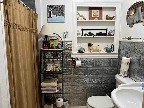a bathroom with a toilet and a shower curtain