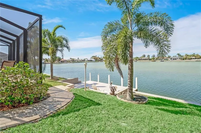 a view of a lake with a big yard and palm trees