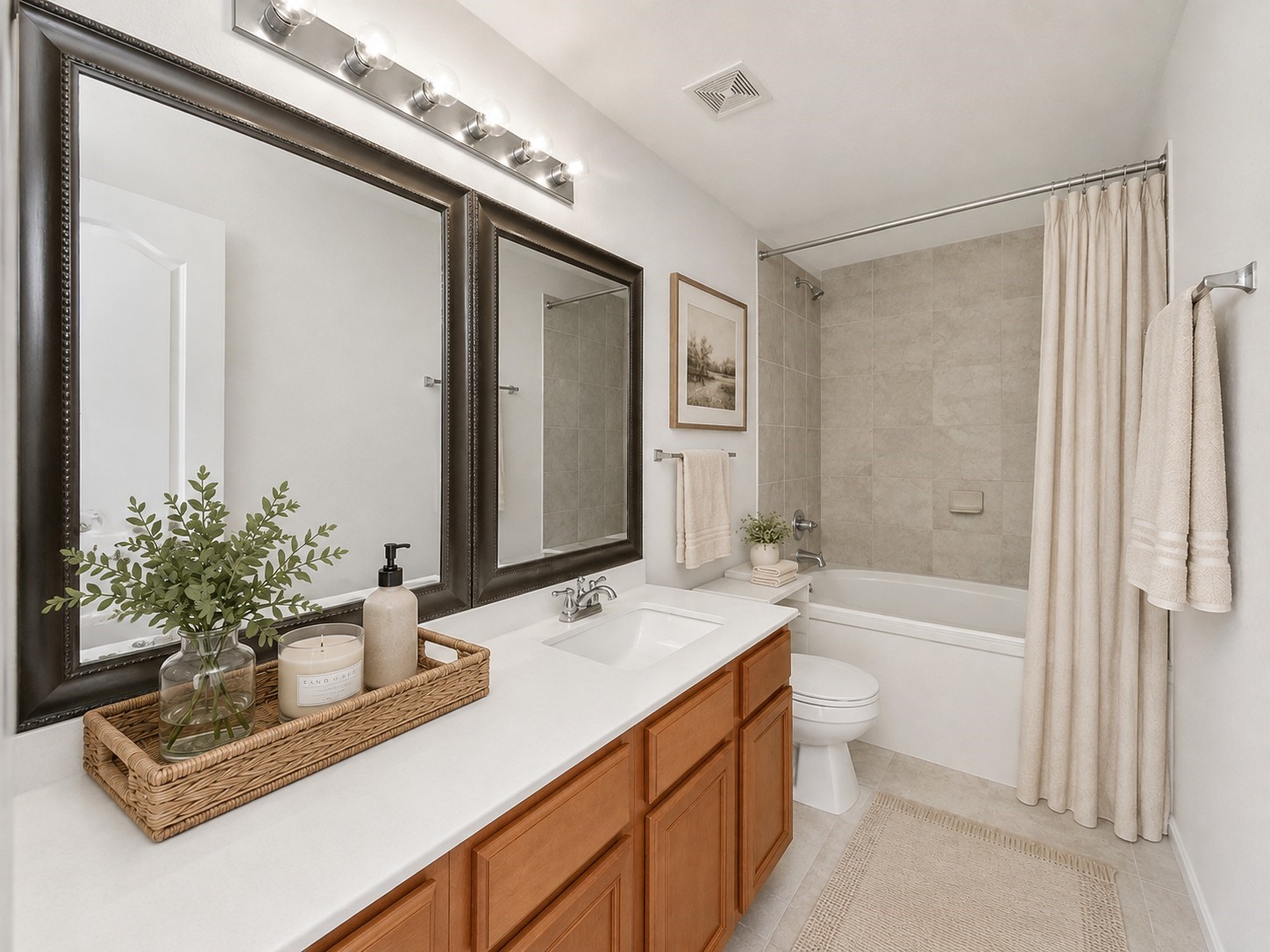 2930 Ribbon Creek Way Spring, TX 77389 - Photo 11 of 25 Elegant primary bathroom featuring a spacious vanity with dual mirrors, stylish lighting, and a tasteful blend of neutral tones. The bathtub is complemented by classic tilework, creating a serene and inviting atmosphere.