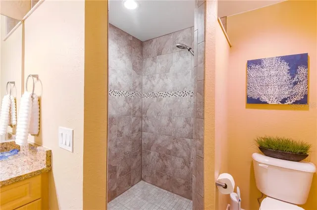 a bathroom with a shower and a toilet