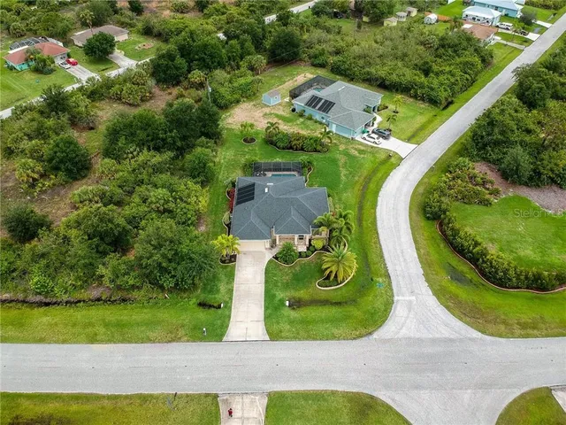 an aerial view of a swimming pool