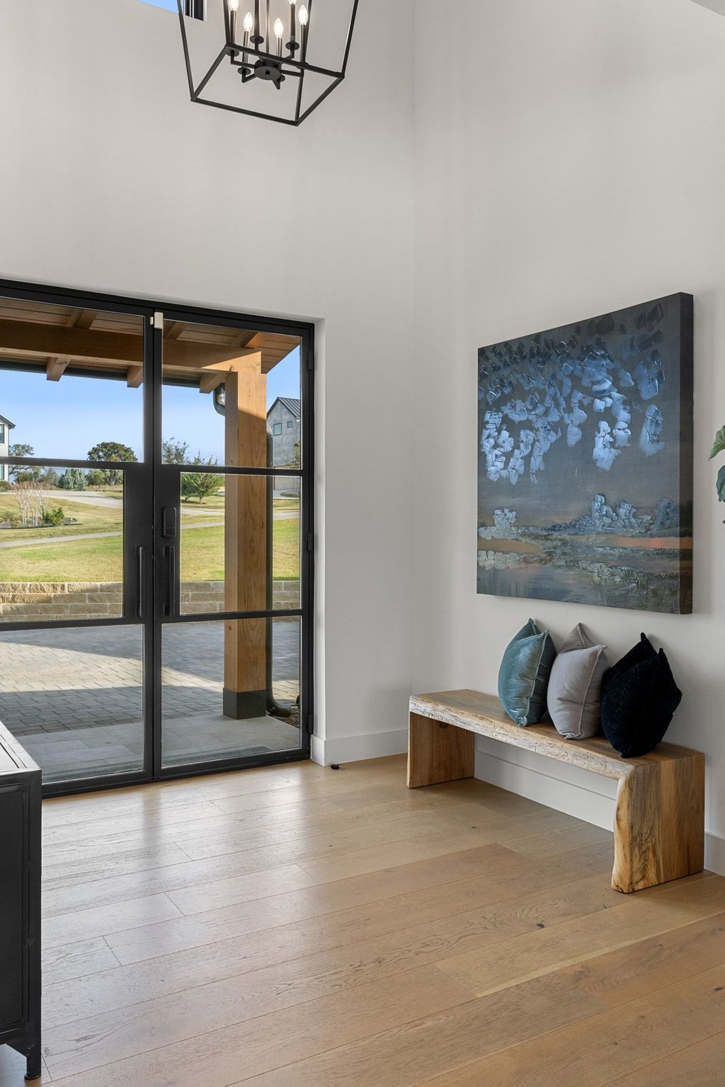 6316 Caudill Lane Austin, TX 78738 - Photo 5 of 40 Entryway with wood-type flooring, suspended lighting, and a high ceiling