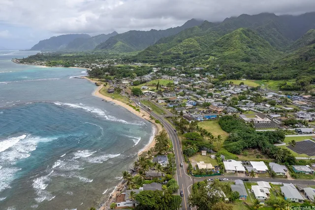 an aerial view of residential houses with outdoor space and trees