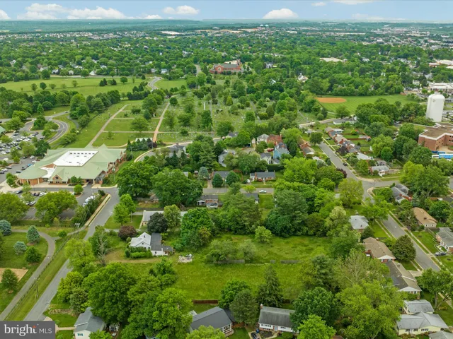 an aerial view of residential houses with outdoor space and trees