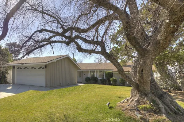 a view of a house with a yard garage and a large tree