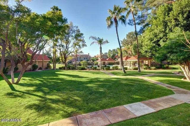 a garden view with a fountain