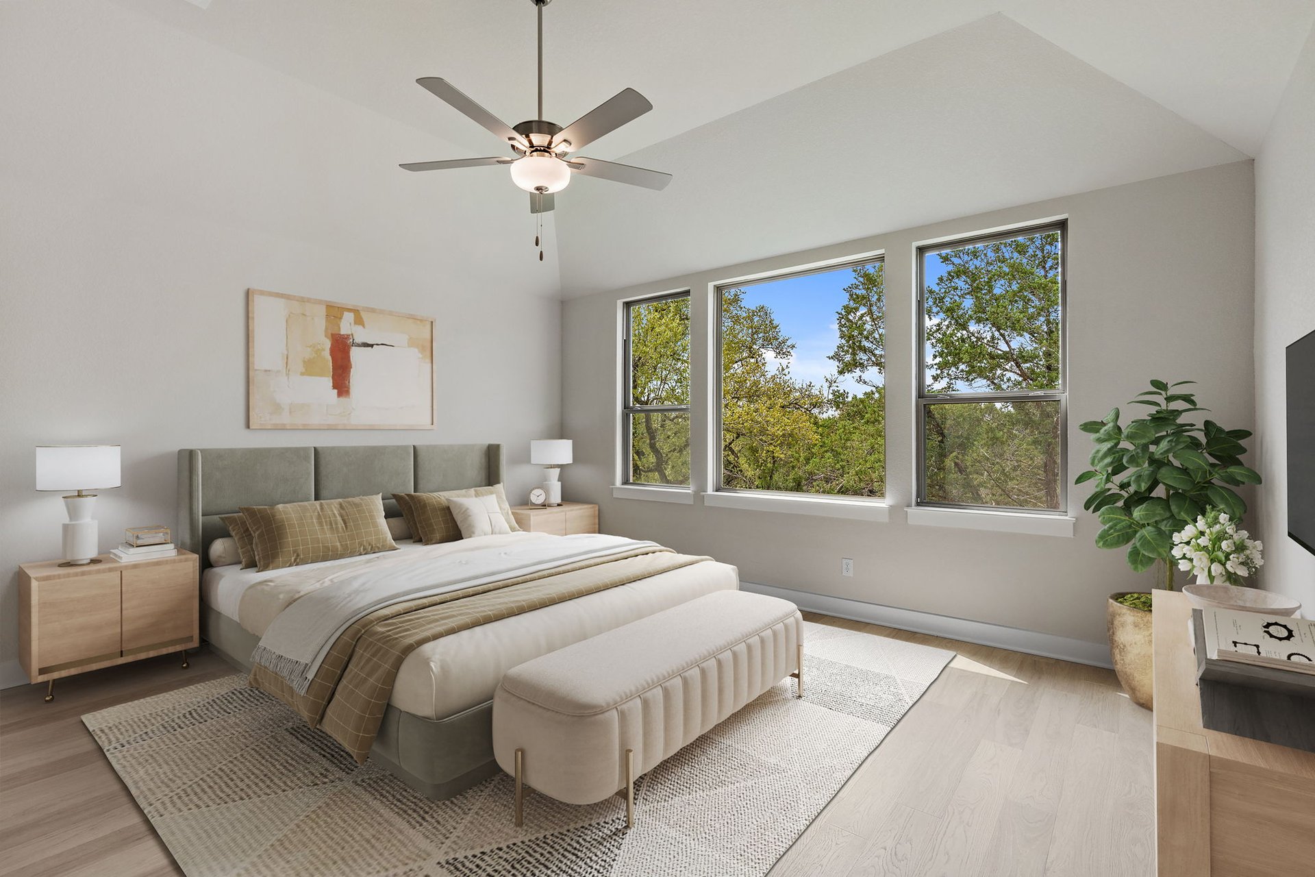 1908 Crimson Sunset Drive Georgetown, TX 78628 - Photo 8 of 40 a spacious bedroom with a large bed and a potted plant