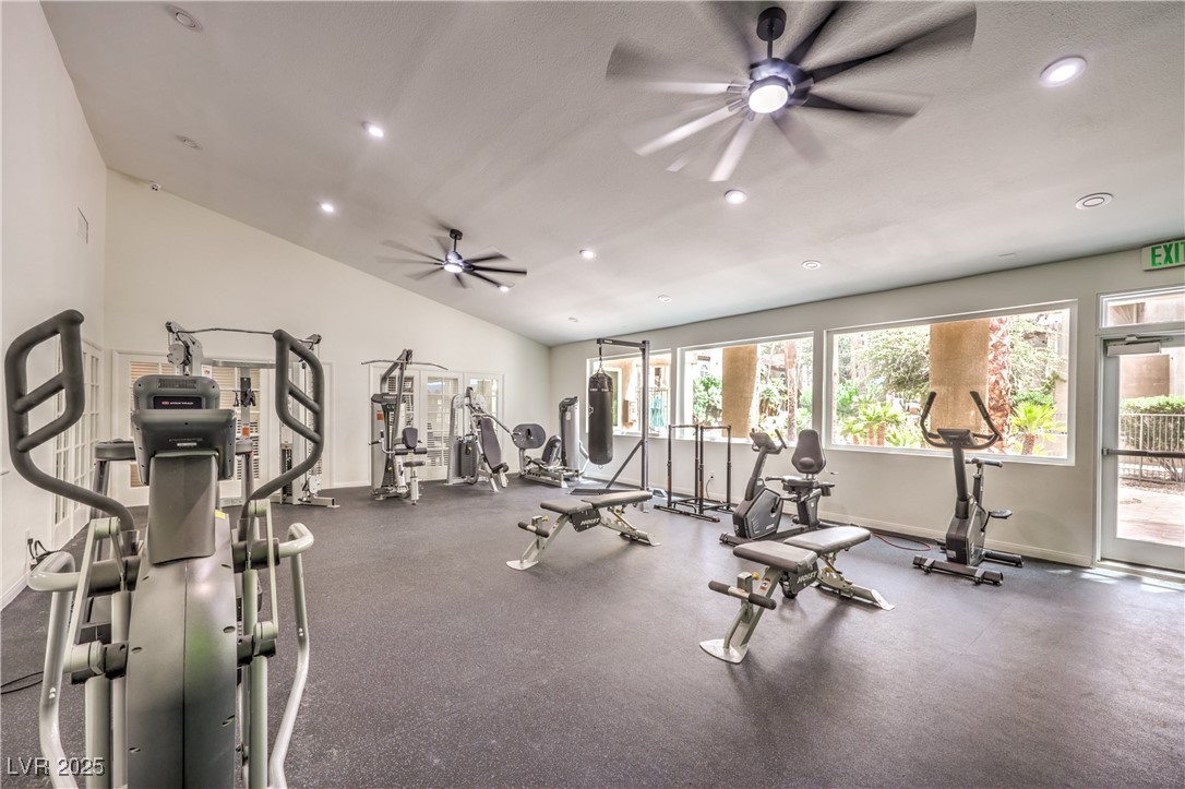 3145 East Flamingo Road, Unit 1123 Las Vegas, NV 89121 - Photo 26 of 30 Workout area featuring ceiling fan, vaulted ceiling, and recessed lighting