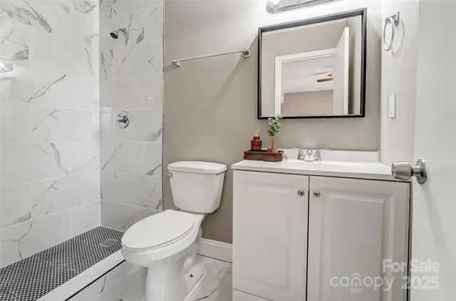 a bathroom with a toilet sink vanity and mirror