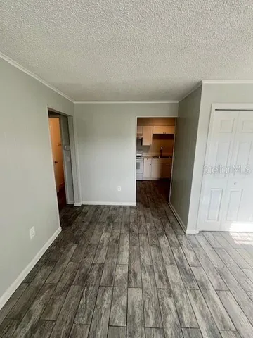 a view of empty room with wooden floor