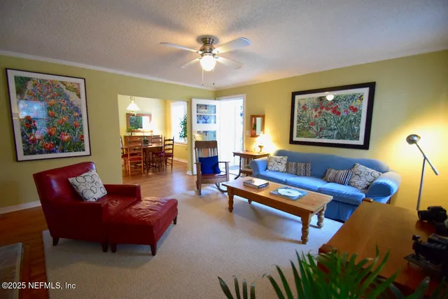 a living room with furniture potted plant and a window