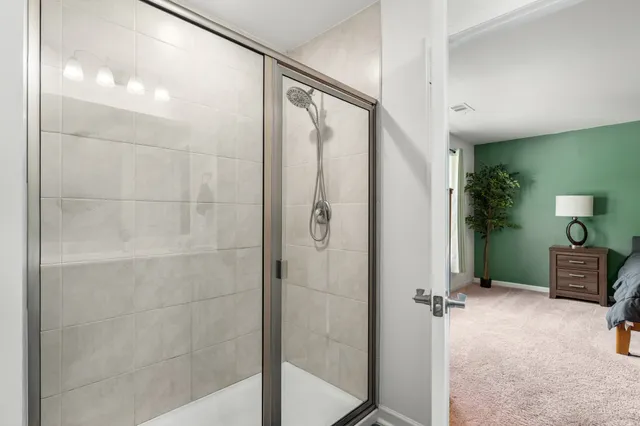 a bathroom with a shower and a sink