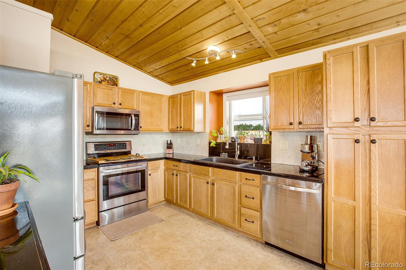 119 Bristlecone Lane Fairplay, CO 80440 - Photo 41 of 49 a kitchen with stainless steel appliances granite countertop a refrigerator a sink dishwasher a stove and white cabinets with wooden floor