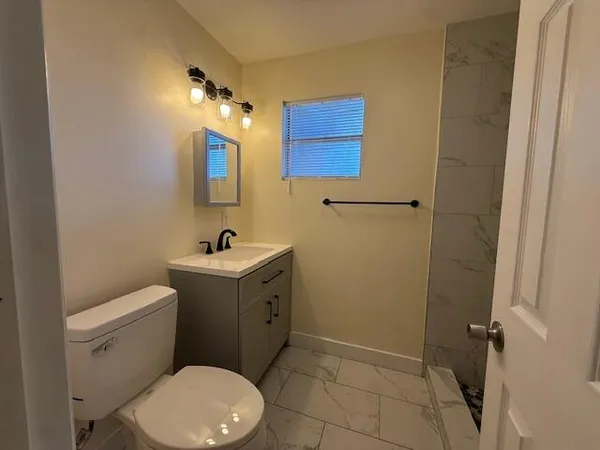 a bathroom with a sink vanity mirror and toilet