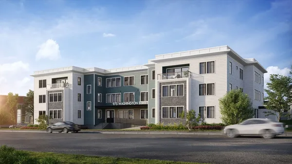 a front view of a building with street view