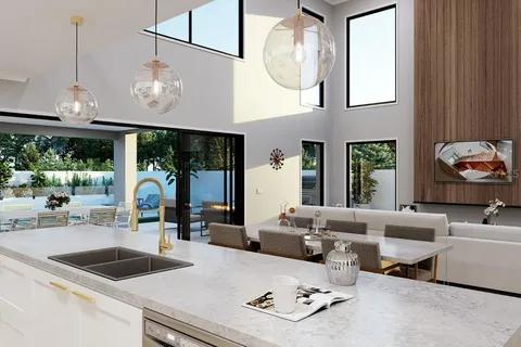 a living room with furniture a chandelier and a large window
