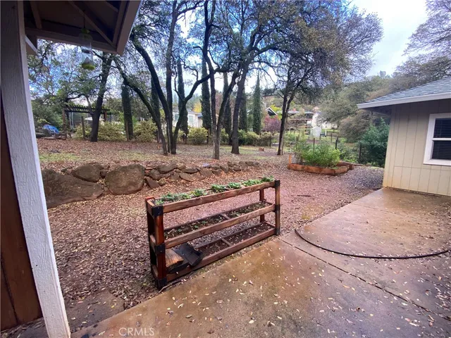 a view of a backyard with large trees
